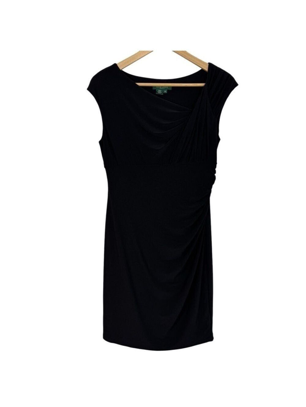 Lauren Ralph Lauren Bodycon Cocktail Dress Sz 10P Black Stretch Fitted Ruching